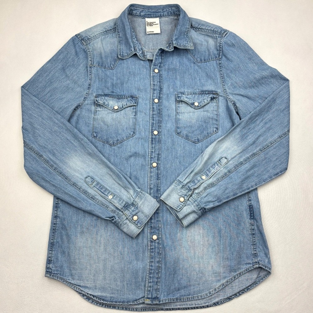 HM &Denim Shirt Mens Small Blue Western Pearl Snap Long Sleeve Cotton Jean Top